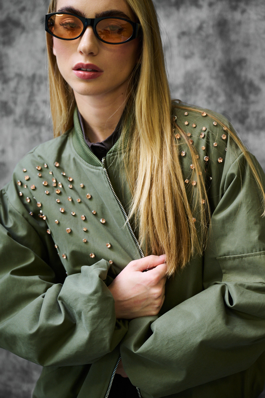 CRYSTAL OLIVE BOMBER JACKET