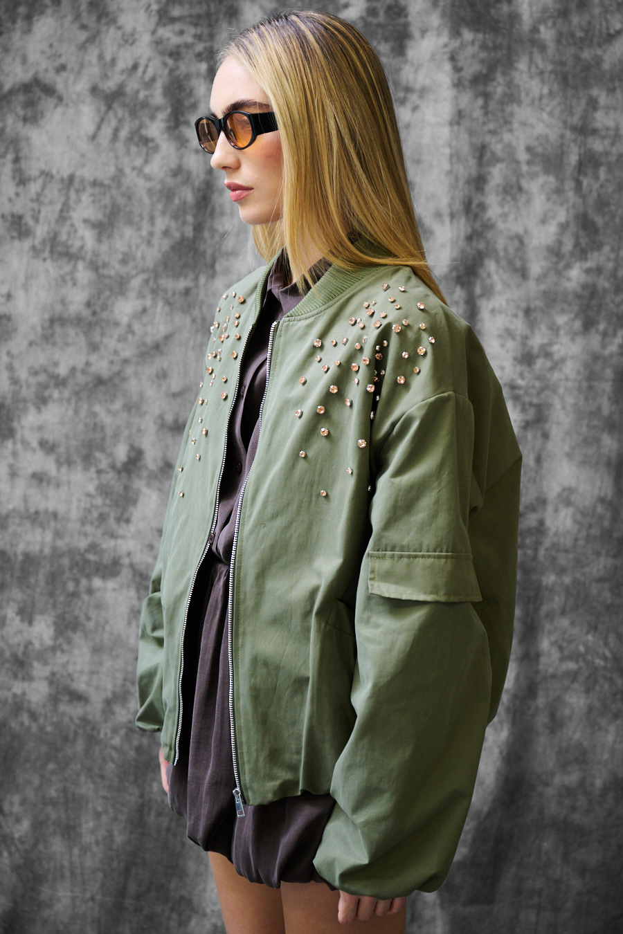 CRYSTAL OLIVE BOMBER JACKET - Image 4